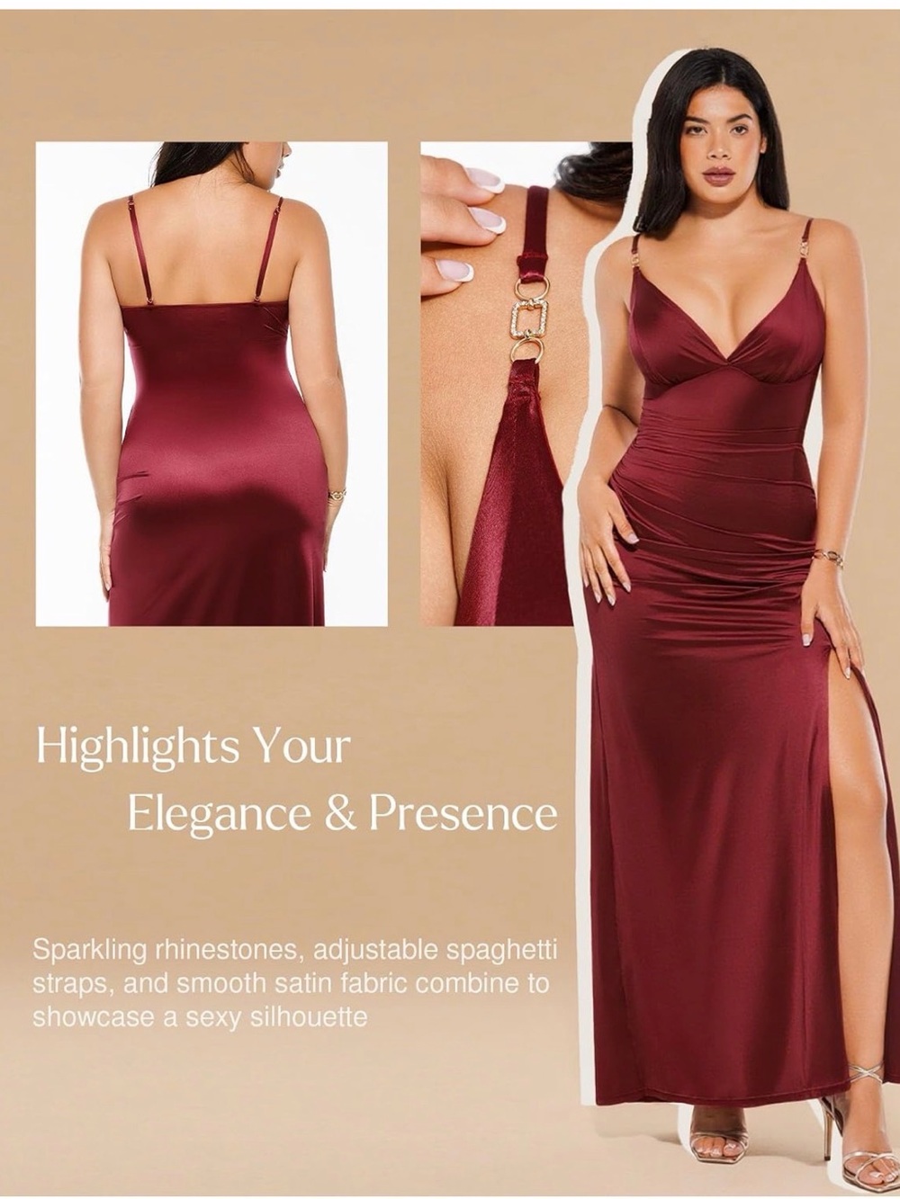 Satin V-Neck Spaghetti Strap Maxi Dress in Burgundy